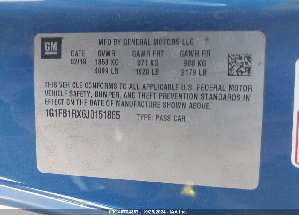 2018 CHEVROLET CAMARO 1LT VIN: 1G1FB1RX6J0151865