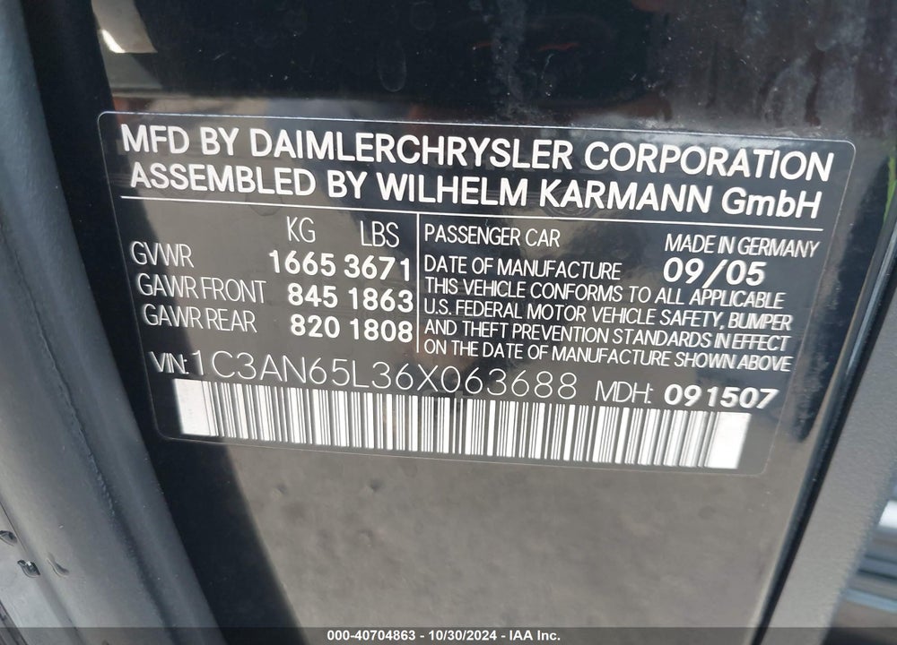 2006 CHRYSLER CROSSFIRE LIMITED VIN: 1C3AN65L36X063688
