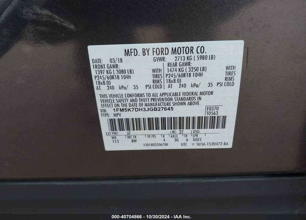 2018 FORD EXPLORER XLT VIN: 1FM5K7DH3JGB27645