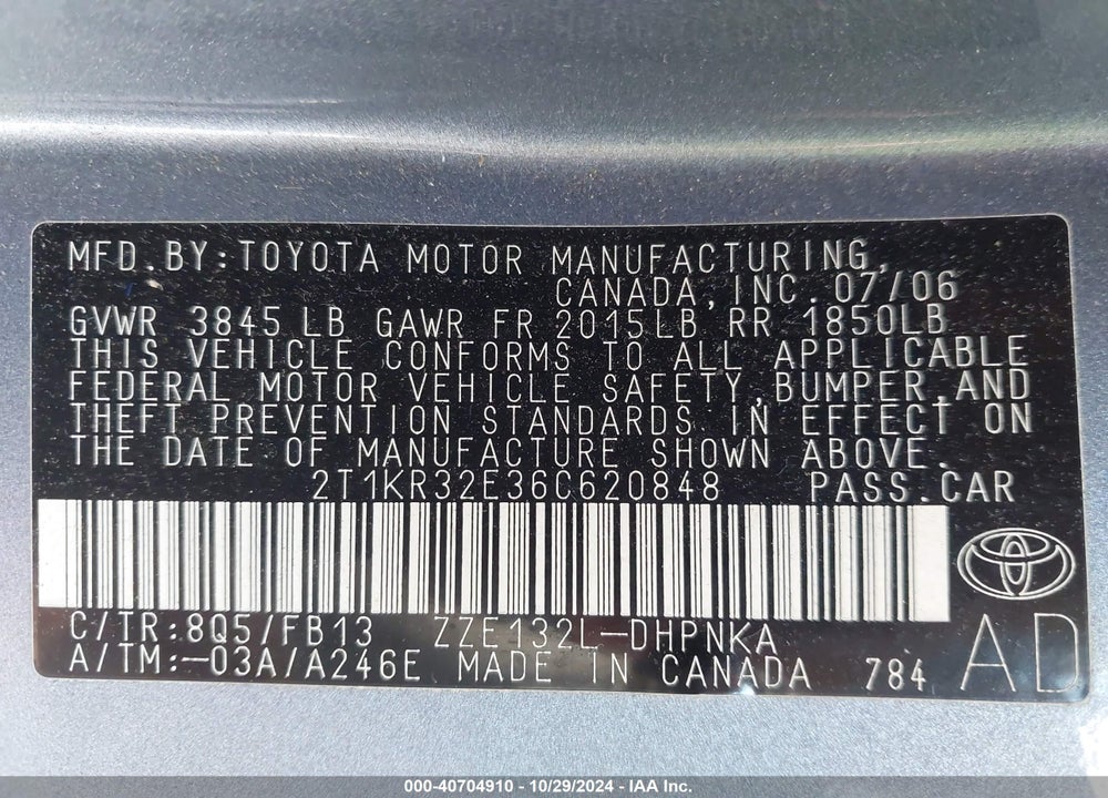 2006 TOYOTA MATRIX/XR VIN: 2T1KR32E36C620848