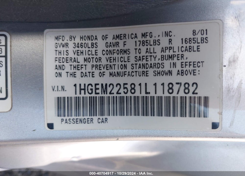 2001 HONDA CIVIC LX VIN: 1HGEM22581L118782