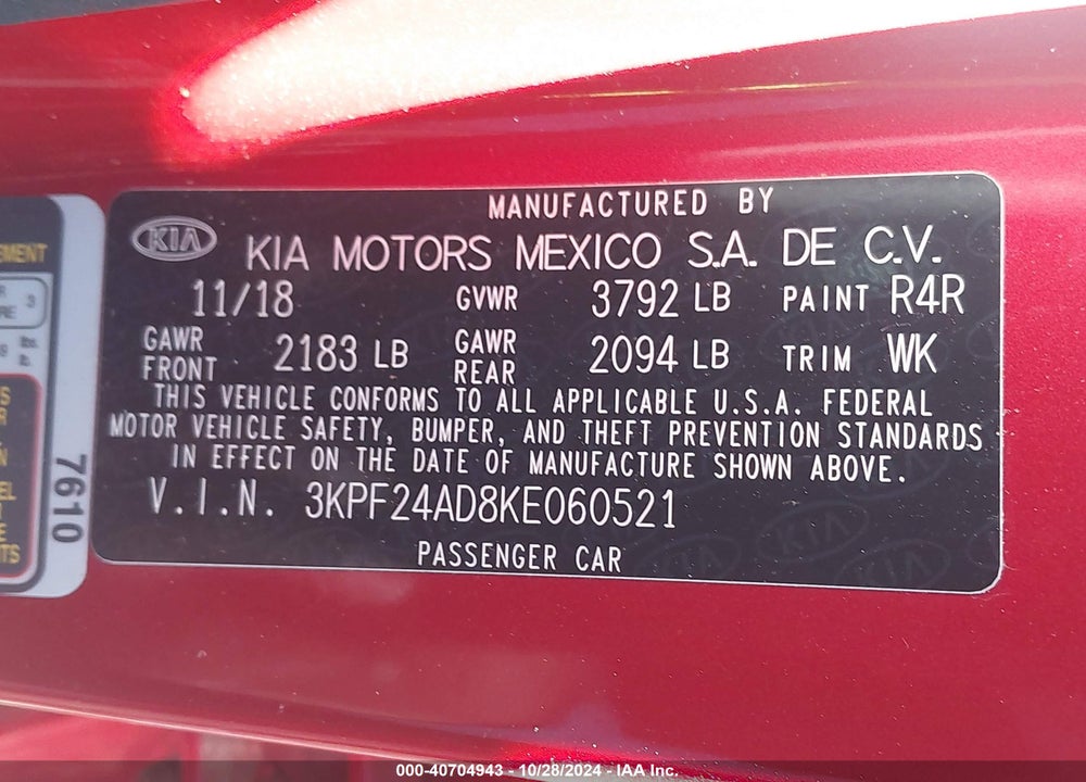 2019 KIA FORTE LXS VIN: 3KPF24AD8KE060521