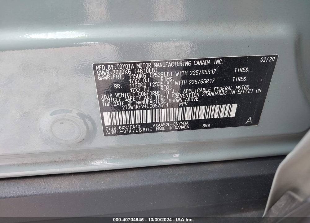 2020 TOYOTA RAV4 XLE VIN: 2T3W1RFV4LC057611
