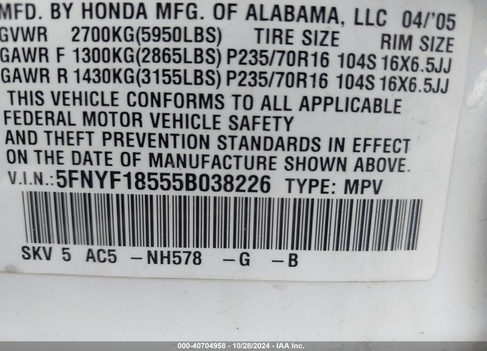 2005 HONDA PILOT EX-L VIN: 5FNYF18555B038226