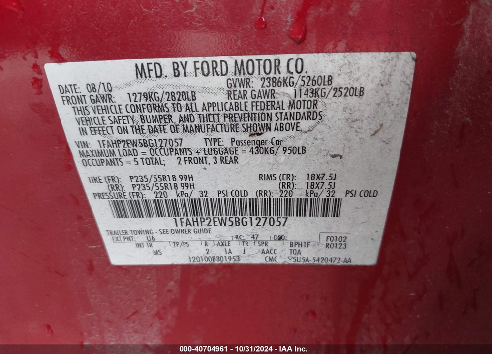 2011 FORD TAURUS SEL VIN: 1FAHP2EW5BG127057