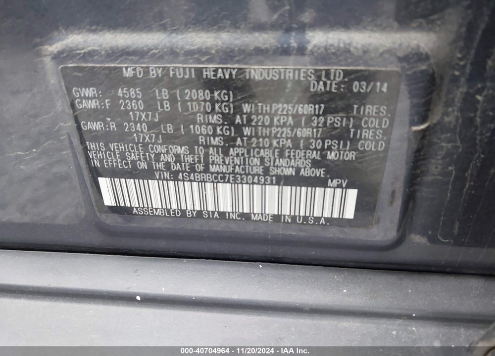 2014 SUBARU OUTBACK 2.5I PREMIUM VIN: 4S4BRBCC7E3304931