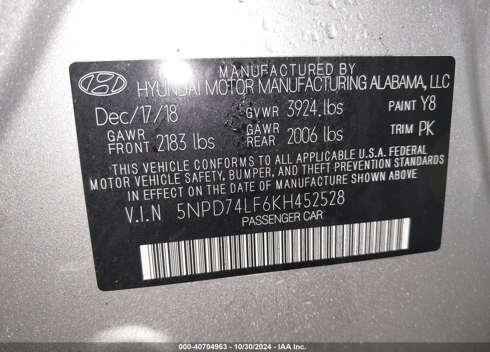 2019 HYUNDAI ELANTRA SE VIN: 5NPD74LF6KH452528