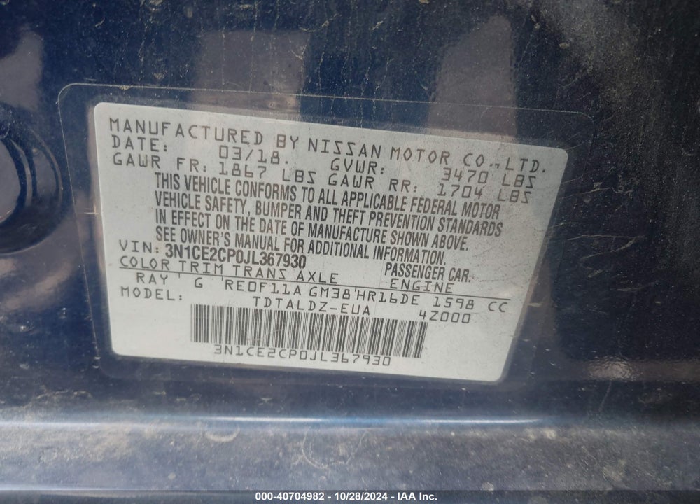 2018 NISSAN VERSA NOTE SV VIN: 3N1CE2CP0JL367930