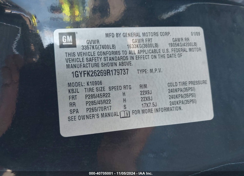 2009 CADILLAC ESCALADE ESV STANDARD VIN: 1GYFK26269R179737