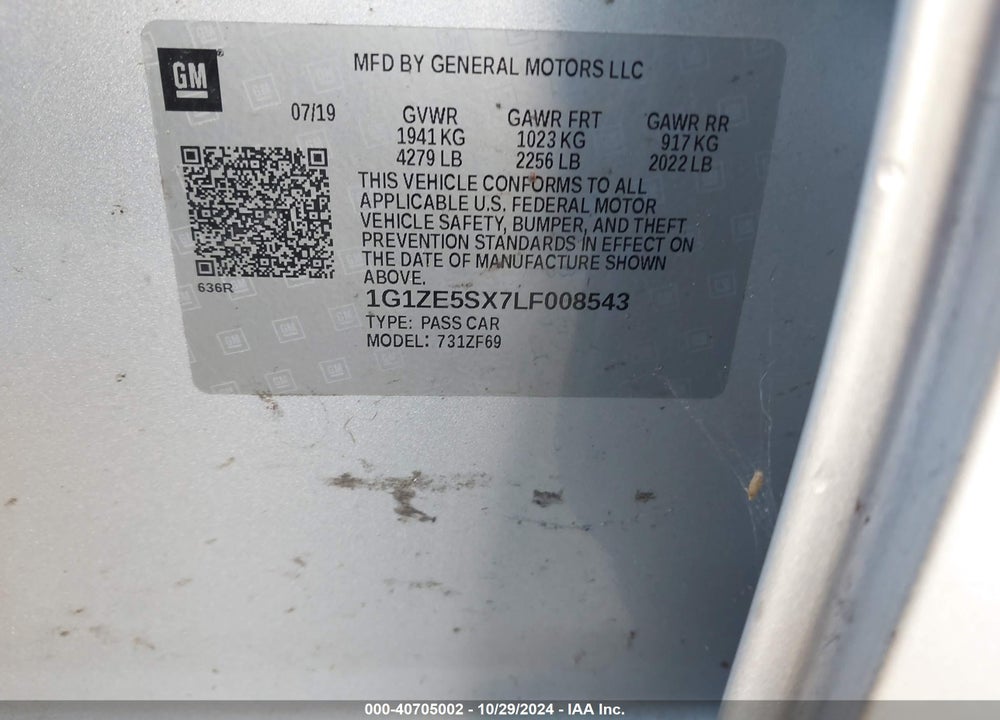 2020 CHEVROLET MALIBU FWD PREMIER VIN: 1G1ZE5SX7LF008543