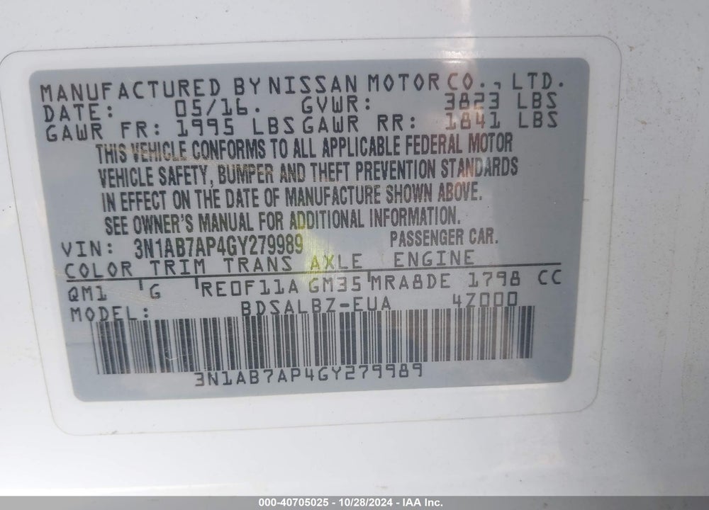 2016 NISSAN SENTRA FE+ S/S/SL/SR/SV VIN: 3N1AB7AP4GY279989