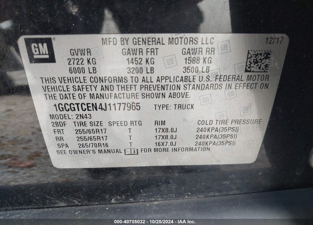 2018 CHEVROLET COLORADO LT VIN: 1GCGTCEN4J1177965