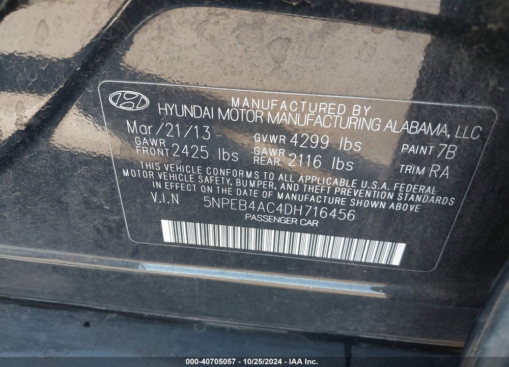 2013 HYUNDAI SONATA GLS VIN: 5NPEB4AC4DH716456