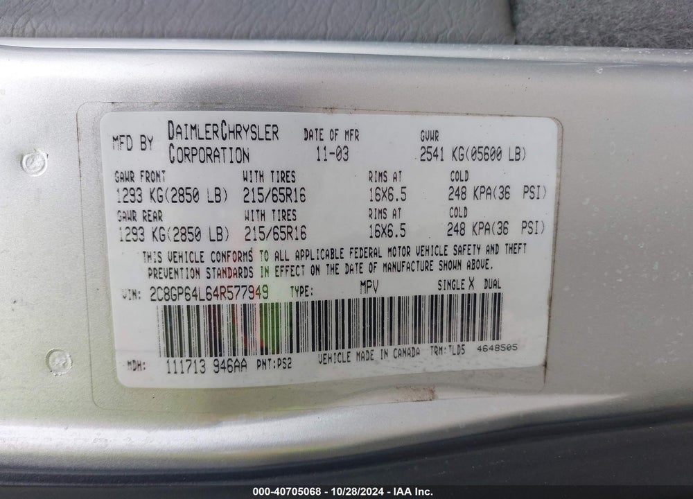 2004 CHRYSLER TOWN & COUNTRY LIMITED VIN: 2C8GP64L64R577949