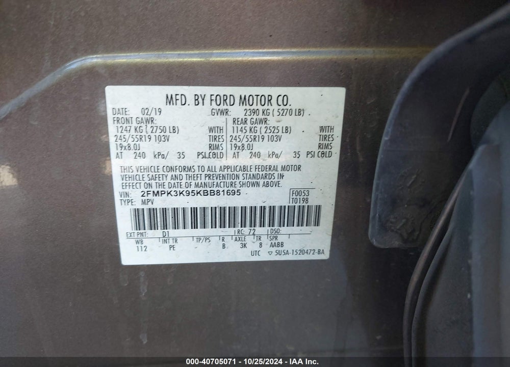 2019 FORD EDGE TITANIUM VIN: 2FMPK3K95KBB81695