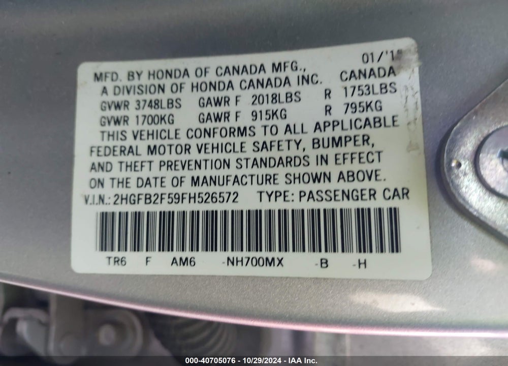2015 HONDA CIVIC LX VIN: 2HGFB2F59FH526572