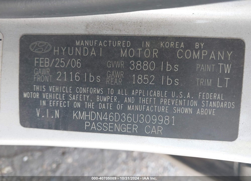 2006 HYUNDAI ELANTRA GLS/LIMITED VIN: KMHDN46D36U309981