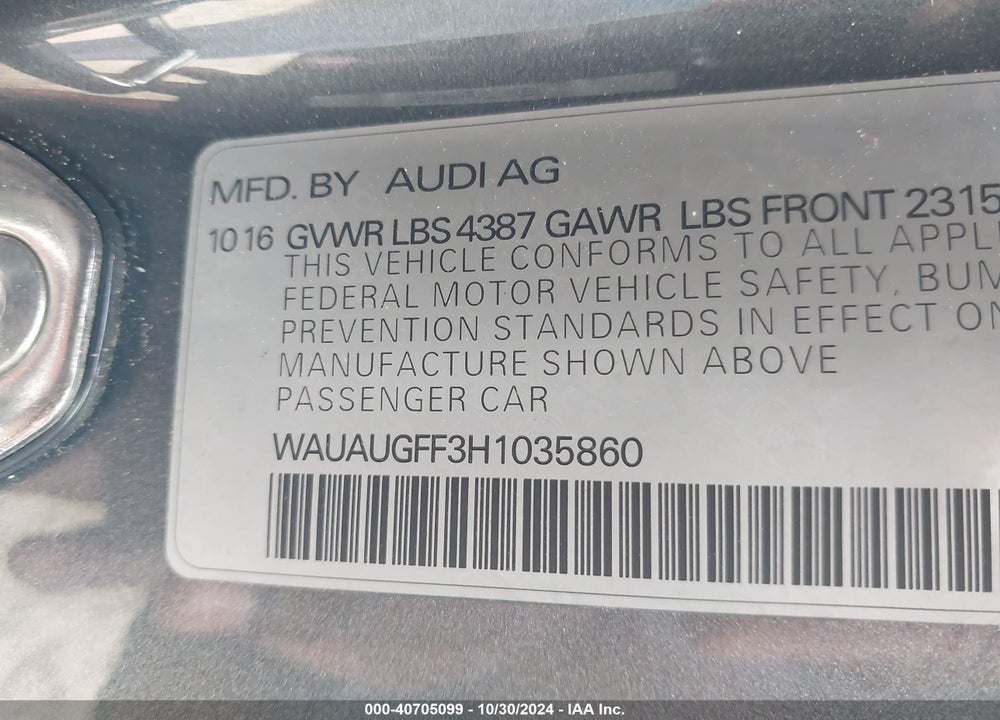 2017 AUDI A3 VIN: WAUAUGFF3H1035860
