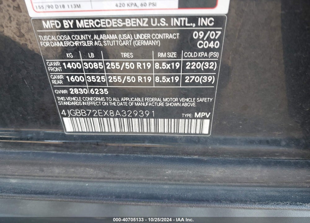 2008 MERCEDES-BENZ ML 550 4MATIC VIN: 4JGBB72EX8A329391