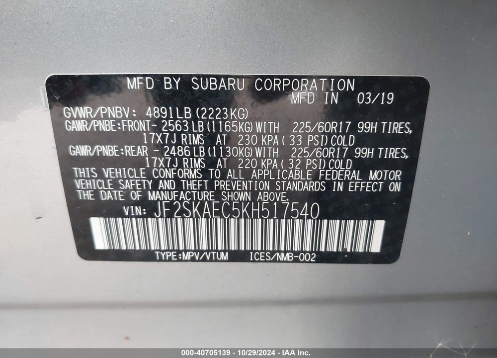 2019 SUBARU FORESTER PREMIUM VIN: JF2SKAEC5KH517540