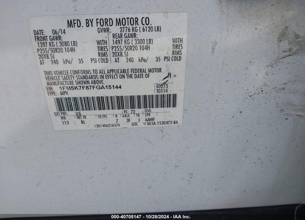 2015 FORD EXPLORER LIMITED VIN: 1FM5K7F87FGA15144