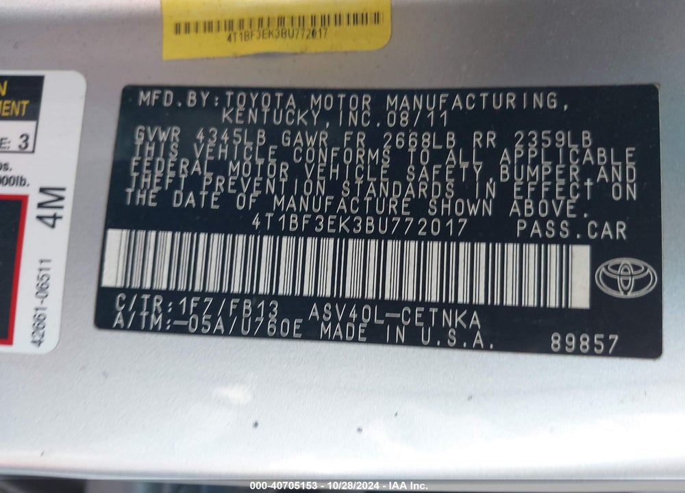 2011 TOYOTA CAMRY LE VIN: 4T1BF3EK3BU772017