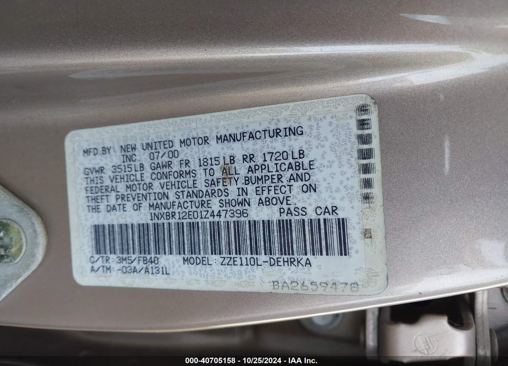 2001 TOYOTA COROLLA CE VIN: 1NXBR12E01Z447396