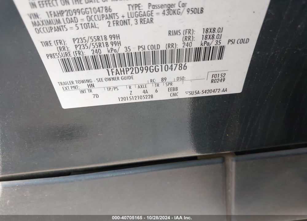 2016 FORD TAURUS SE VIN: 1FAHP2D99GG104786