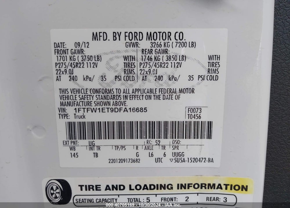 2013 FORD F-150 LIMITED VIN: 1FTFW1ET9DFA16685