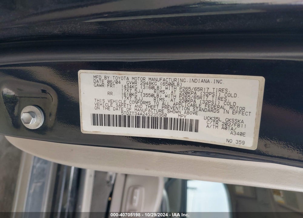 2004 TOYOTA SEQUOIA VIN: 5TDZT34A24S235960