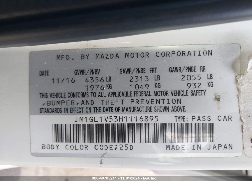 2017 MAZDA 6 TOURING VIN: JM1GL1V53H1116895