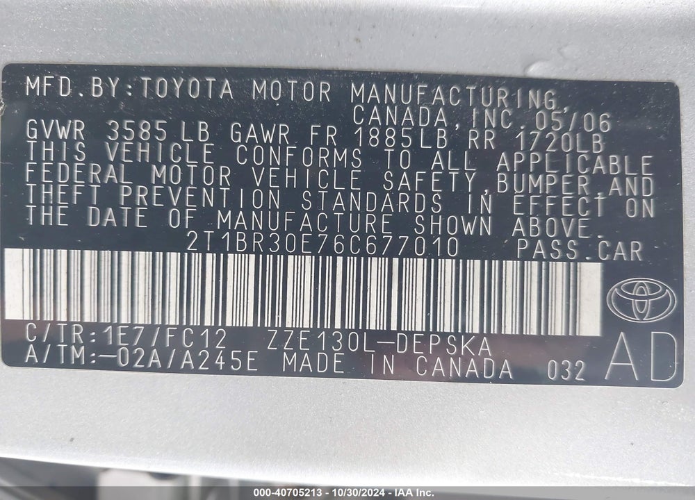 2006 TOYOTA COROLLA S VIN: 2T1BR30E76C677010