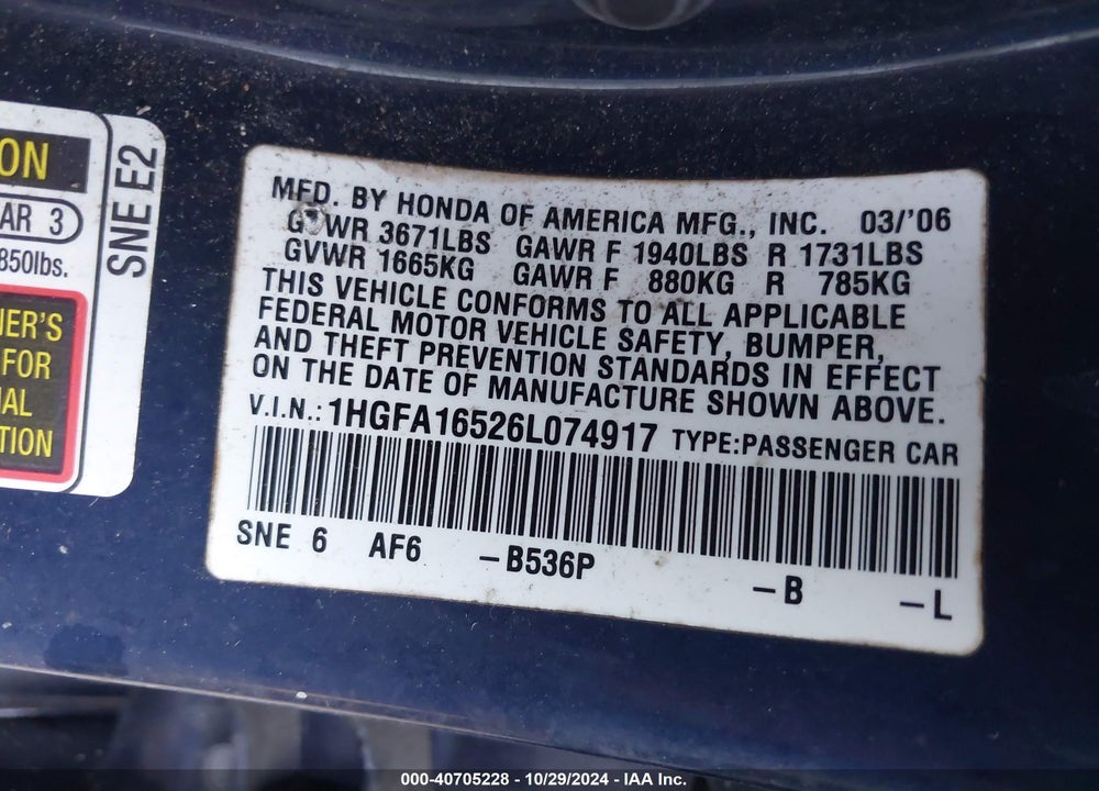2006 HONDA CIVIC LX VIN: 1HGFA16526L074917