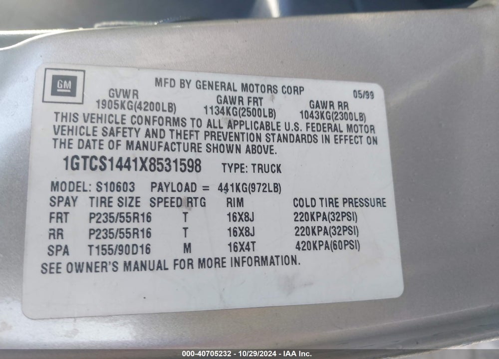 1999 GMC SONOMA SLS VIN: 1GTCS1441X8531598