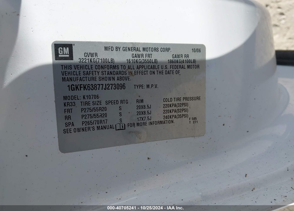 2007 GMC YUKON DENALI VIN: 1GKFK63877J273096