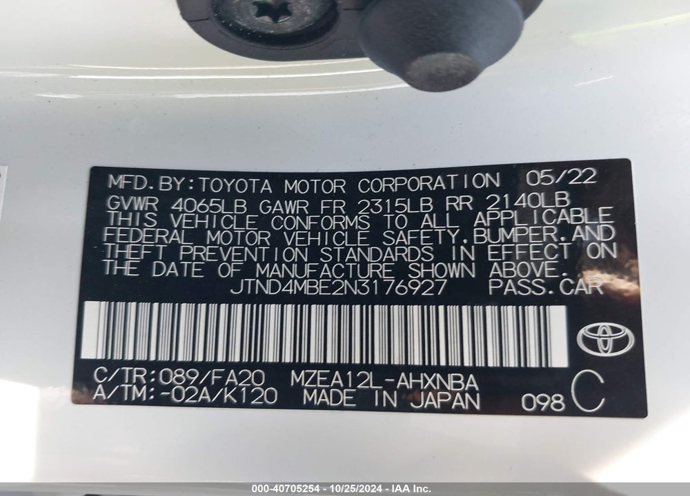 2022 TOYOTA COROLLA SE VIN: JTND4MBE2N3176927