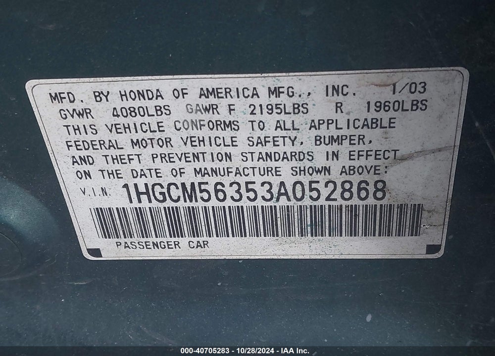 2003 HONDA ACCORD 2.4 LX VIN: 1HGCM56353A052868