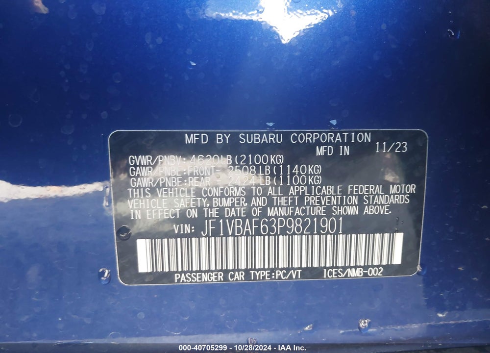 2023 SUBARU WRX PREMIUM VIN: JF1VBAF63P9821901