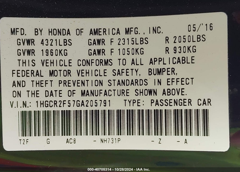 2016 HONDA ACCORD SPORT VIN: 1HGCR2F57GA205791