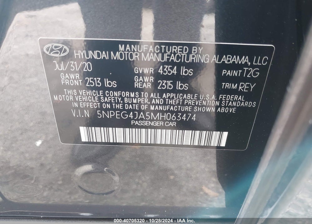 2021 HYUNDAI SONATA SE VIN: 5NPEG4JA5MH063474