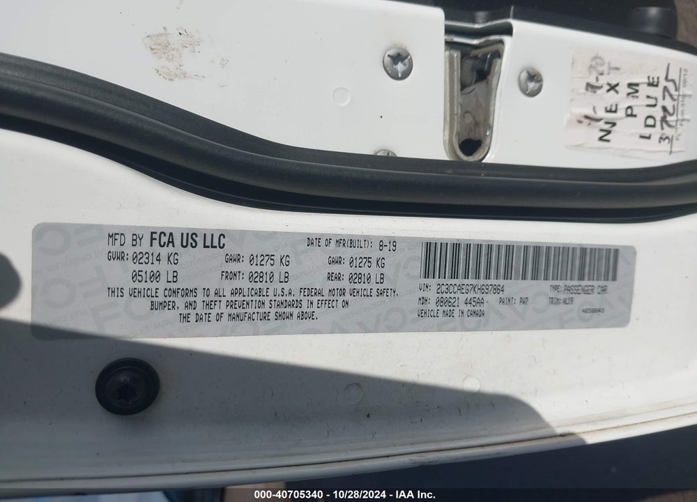 2019 CHRYSLER 300 VIN: 2C3CCAEG7KH697864
