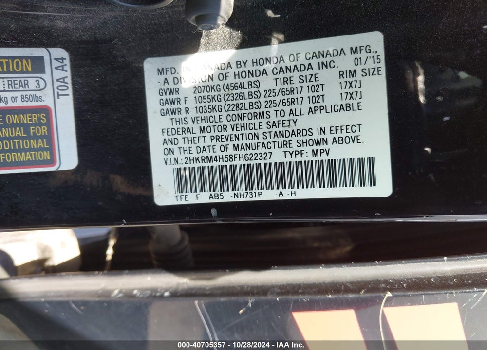 2015 HONDA CR-V EX VIN: 2HKRM4H58FH622327