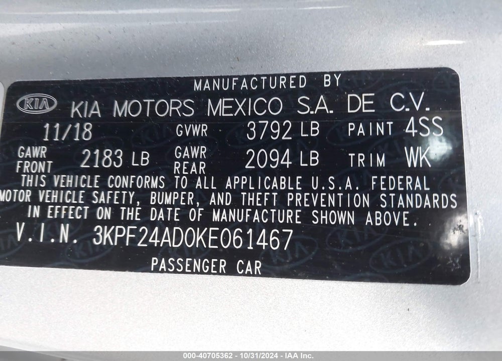 2019 KIA FORTE VIN: 3KPF24AD0KE061467