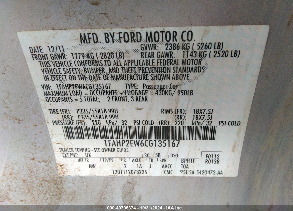2012 FORD TAURUS VIN: 1FAHP2EW6CG135167