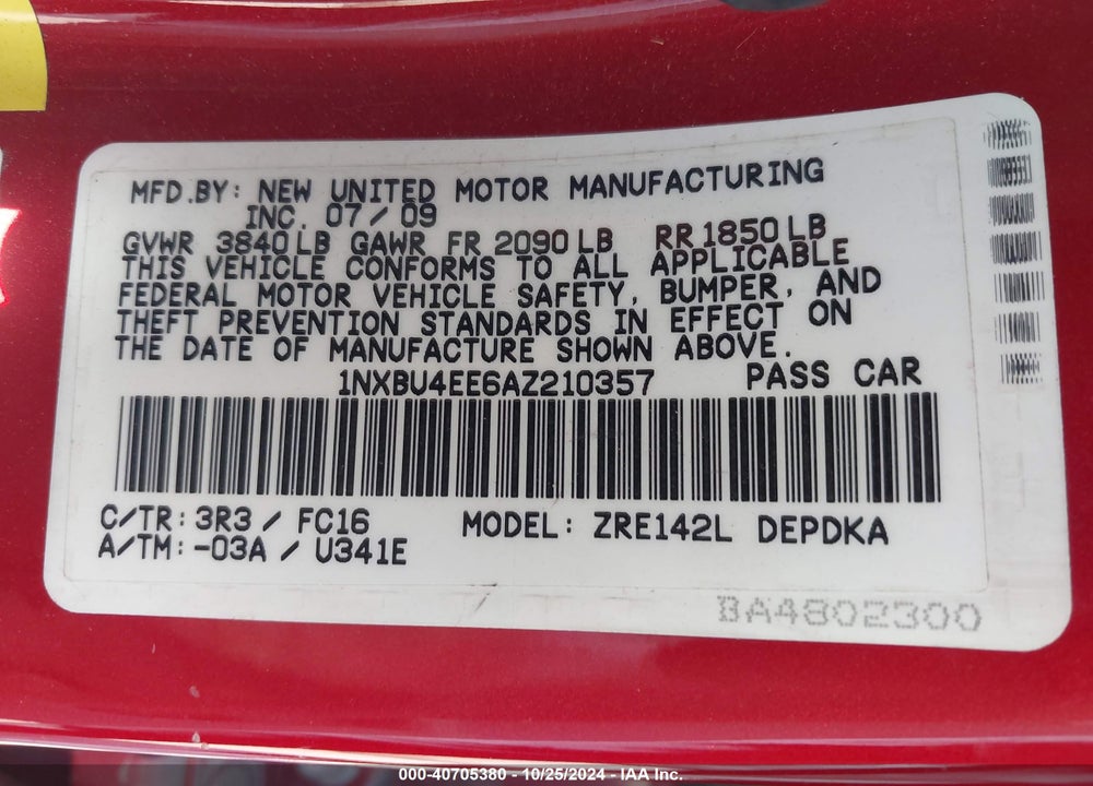 2010 TOYOTA COROLLA LE VIN: 1NXBU4EE6AZ210357