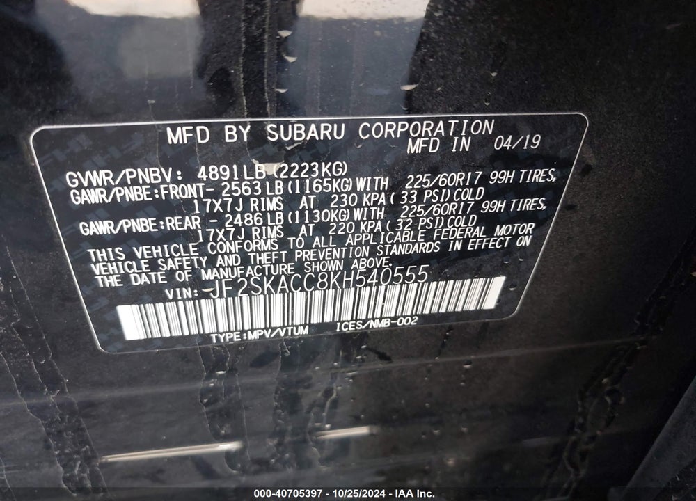 2019 SUBARU FORESTER VIN: JF2SKACC8KH540555