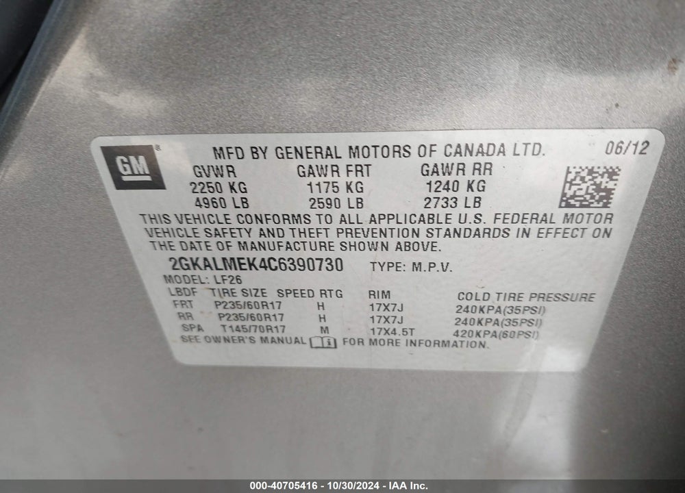 2012 GMC TERRAIN SLE-1 VIN: 2GKALMEK4C6390730