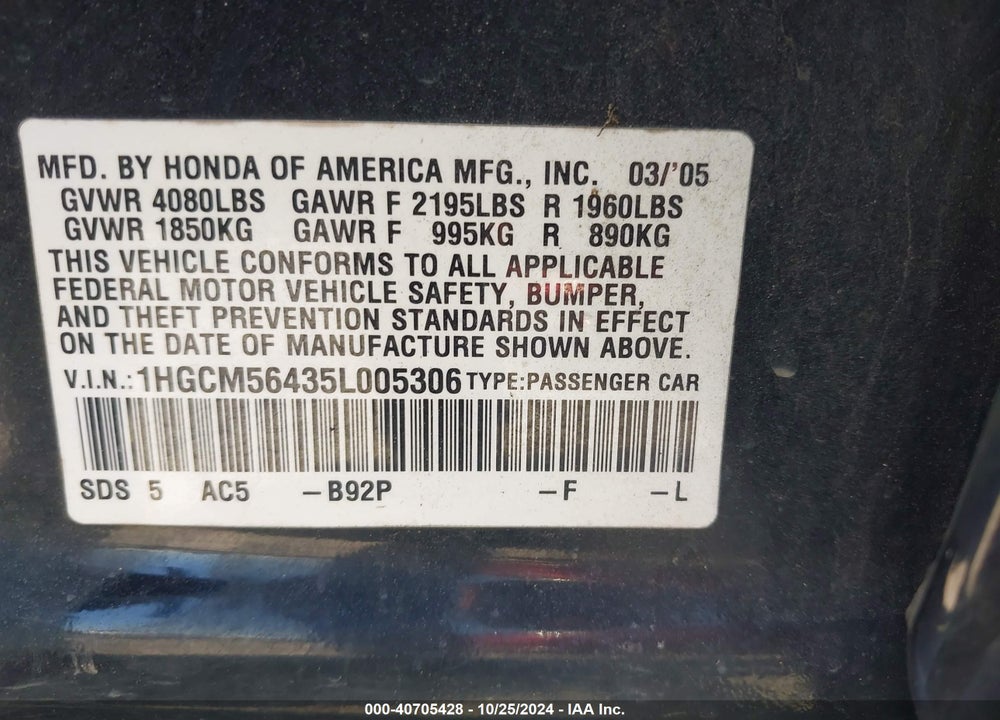 2005 HONDA ACCORD 2.4 LX VIN: 1HGCM56435L005306