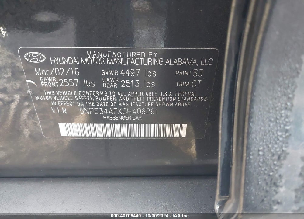 2016 HYUNDAI SONATA SPORT VIN: 5NPE34AFXGH406291