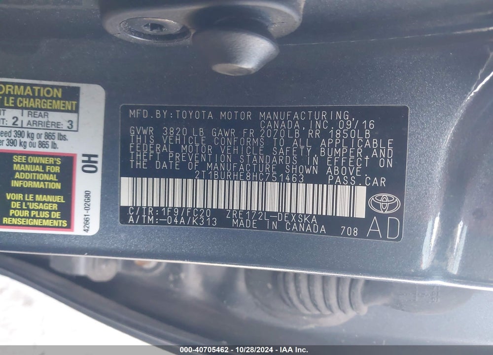 2017 TOYOTA COROLLA SE VIN: 2T1BURHE8HC751463